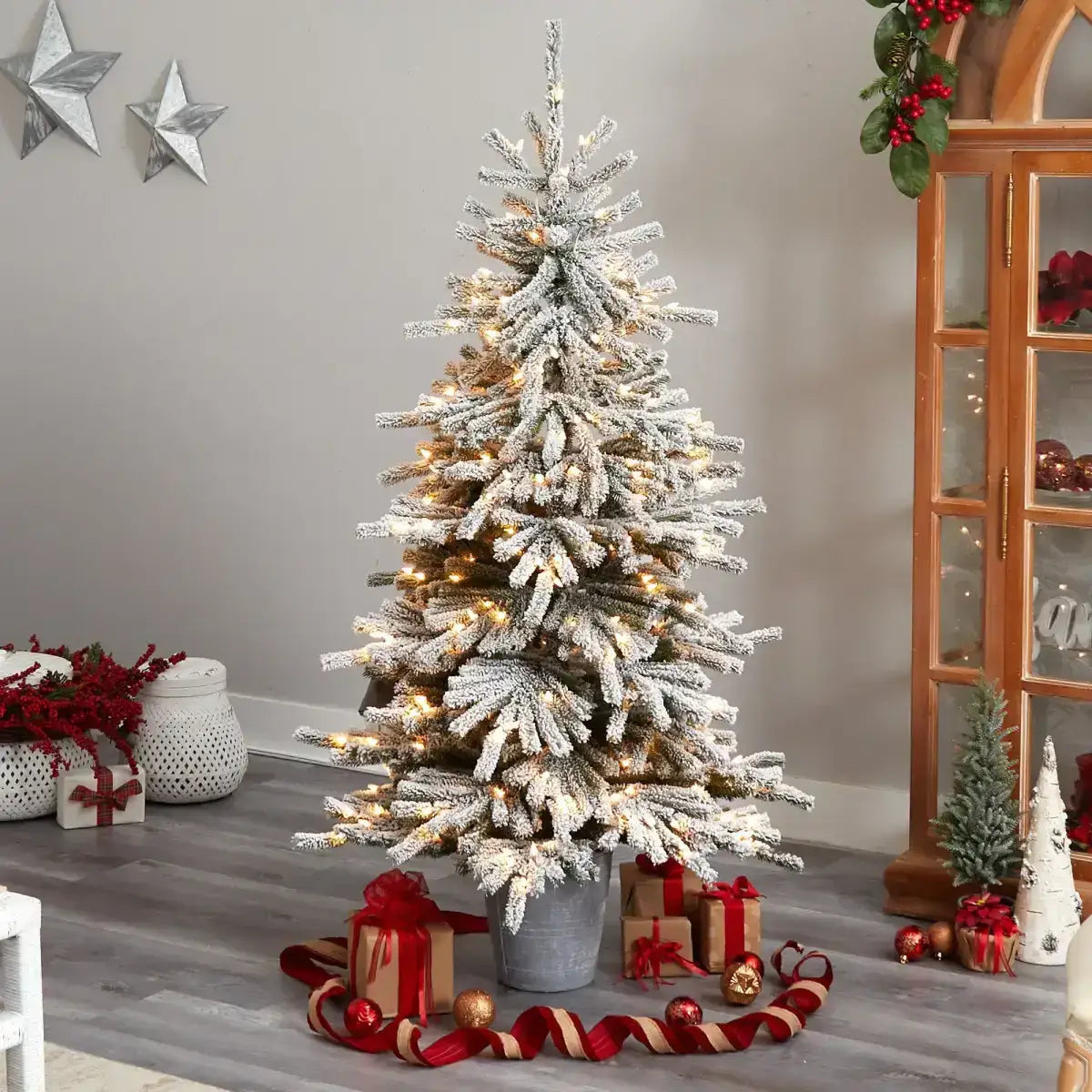 6’ Flocked Long Vermont Pine Tree with 758 Branches and 250 LED Lights in Decorative Planter - Nearly Natural