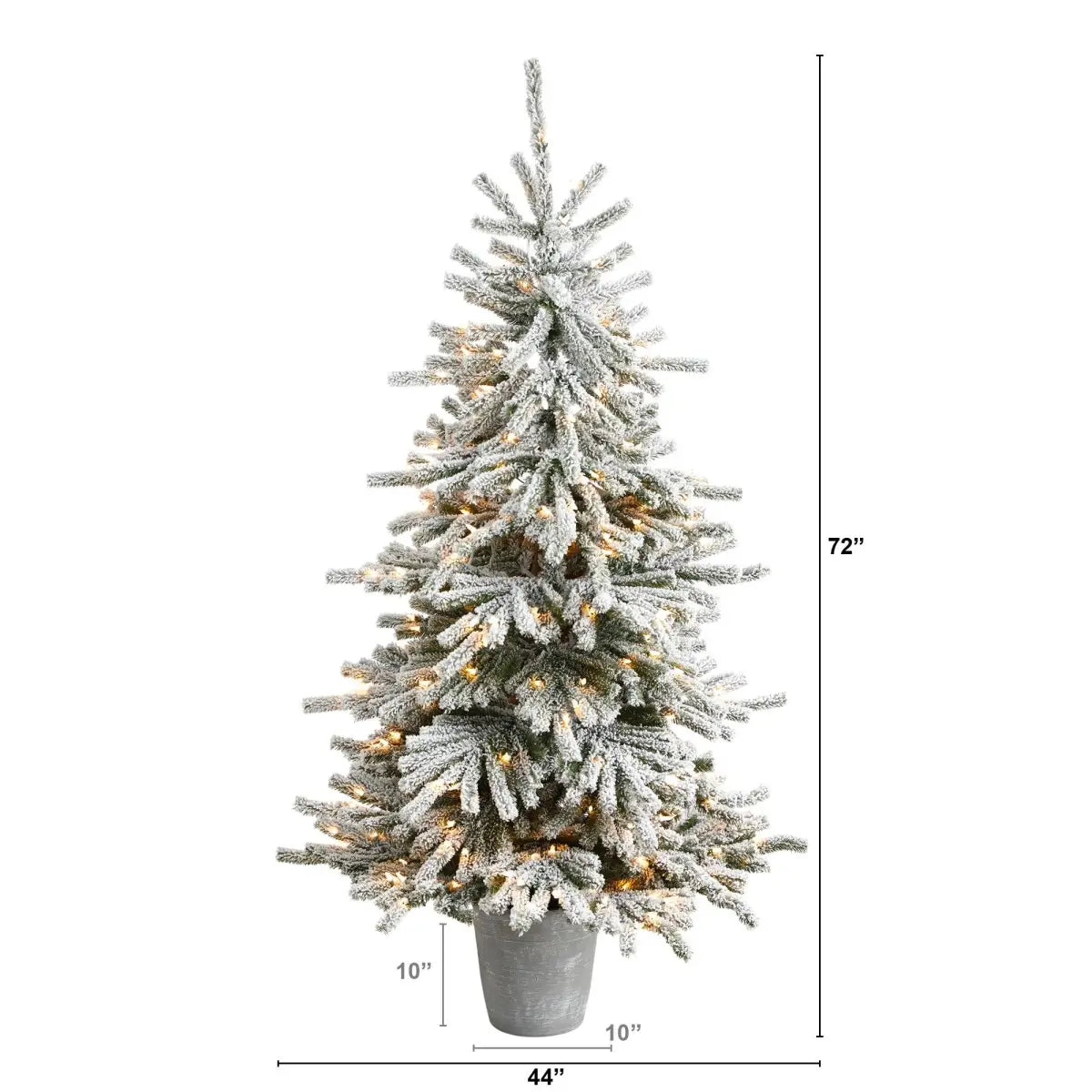 6’ Flocked Long Vermont Pine Tree with 758 Branches and 250 LED Lights in Decorative Planter - Nearly Natural
