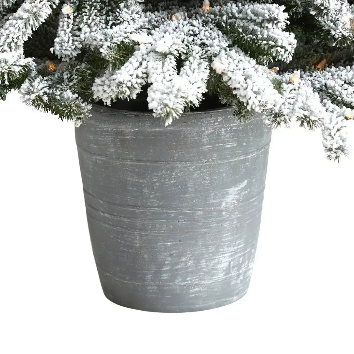 6’ Flocked Long Vermont Pine Tree with 758 Branches and 250 LED Lights in Decorative Planter - Nearly Natural