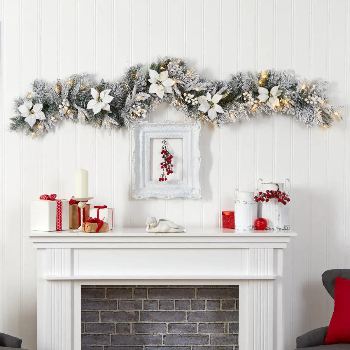 6’ Flocked Poinsettia and Berry Artificial Christmas Garland with 50 Warm White LED Lights - Nearly Natural