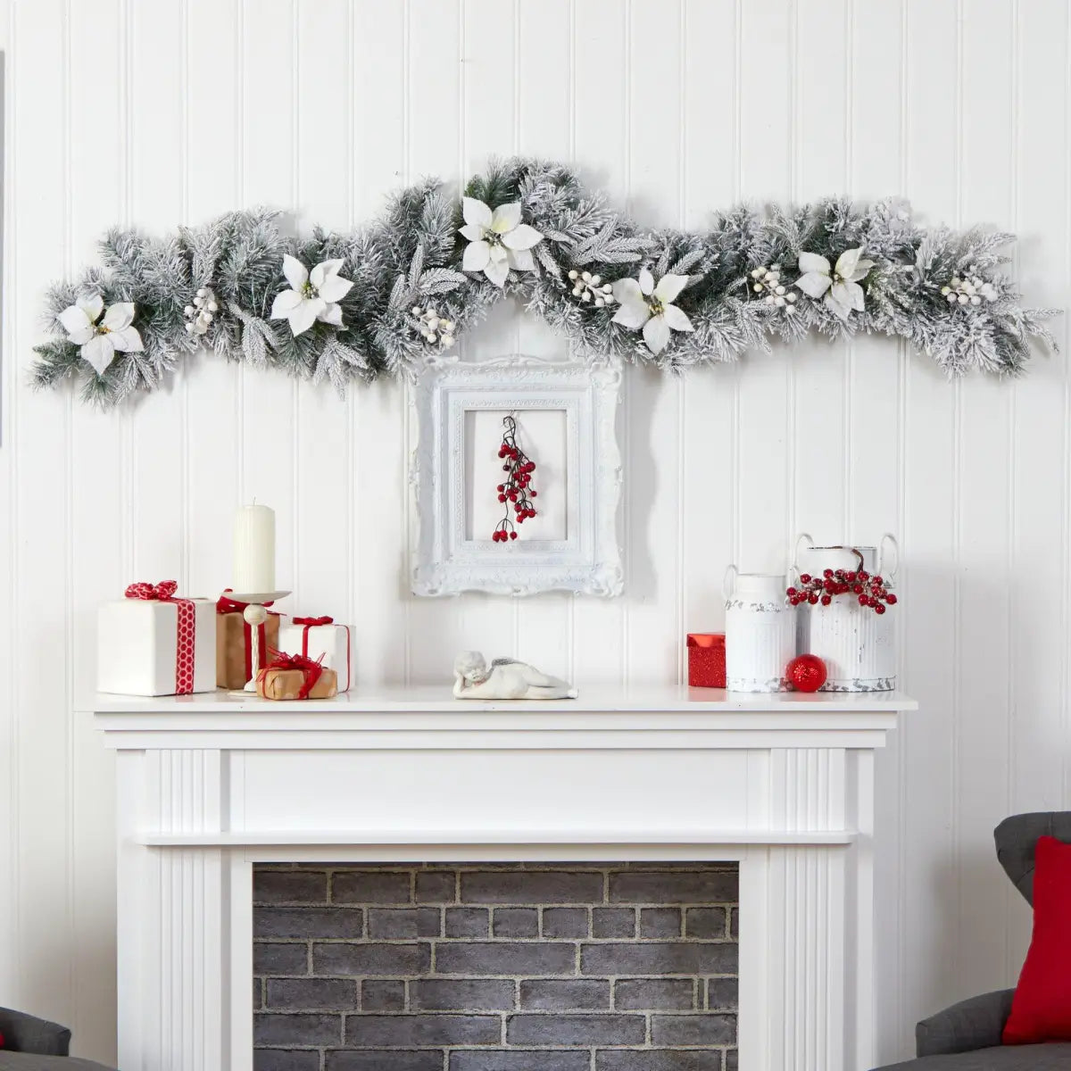 6’ Flocked Poinsettia and Berry Artificial Christmas Garland with 50 Warm White LED Lights - Nearly Natural