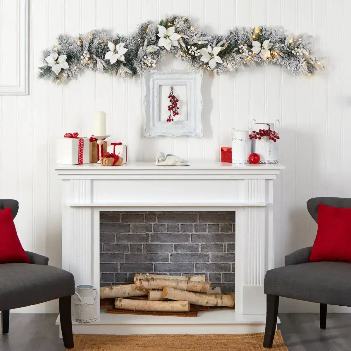 6’ Flocked Poinsettia and Berry Artificial Christmas Garland with 50 Warm White LED Lights - Nearly Natural