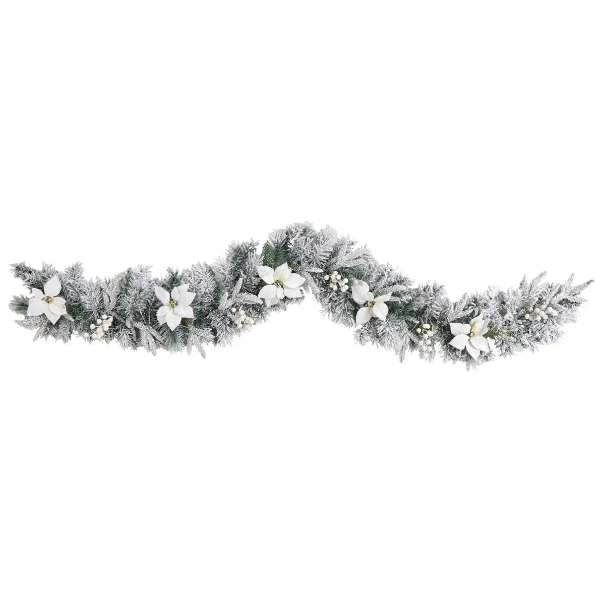 6’ Flocked Poinsettia and Berry Artificial Christmas Garland with 50 Warm White LED Lights - Nearly Natural