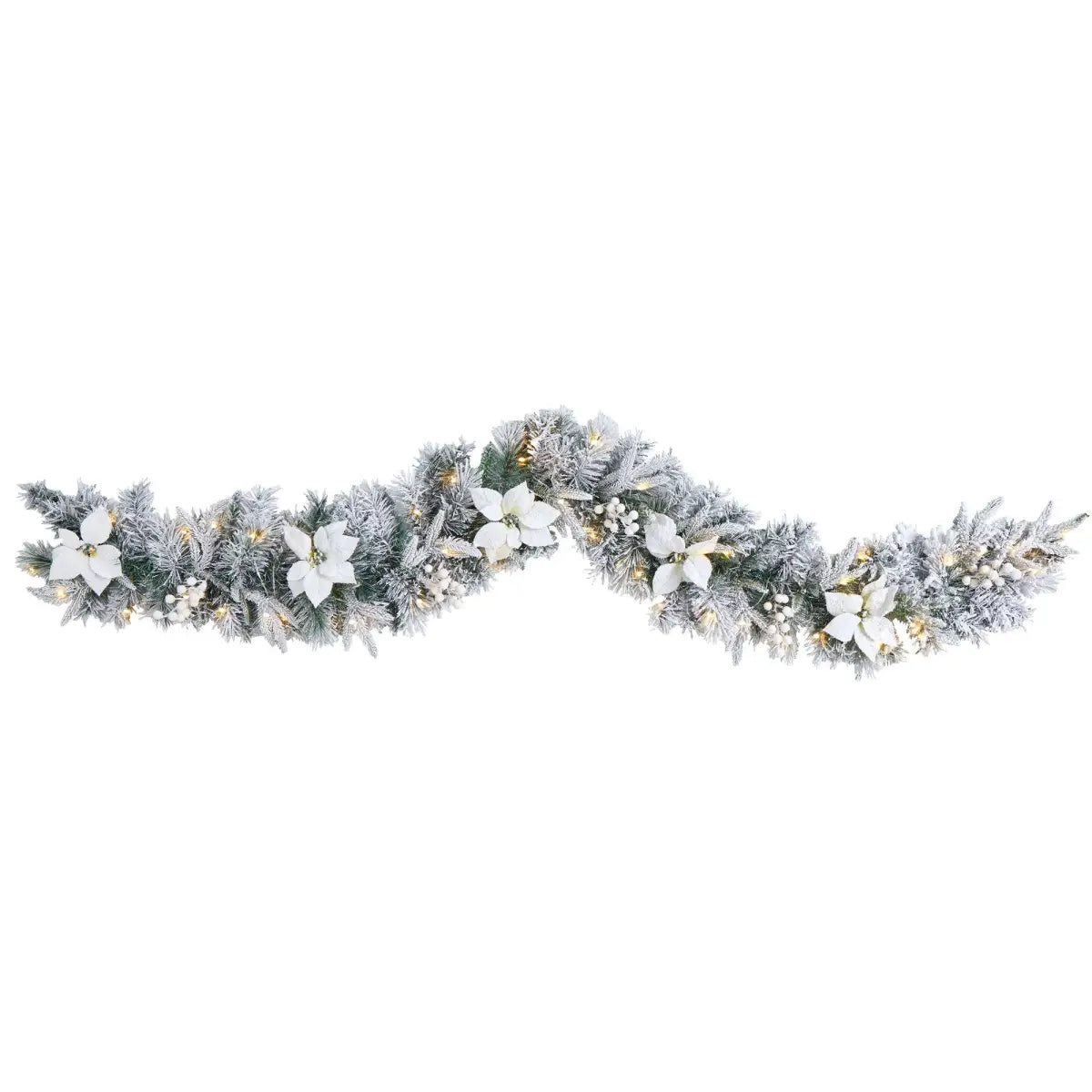 6’ Flocked Poinsettia and Berry Artificial Christmas Garland with 50 Warm White LED Lights - Nearly Natural