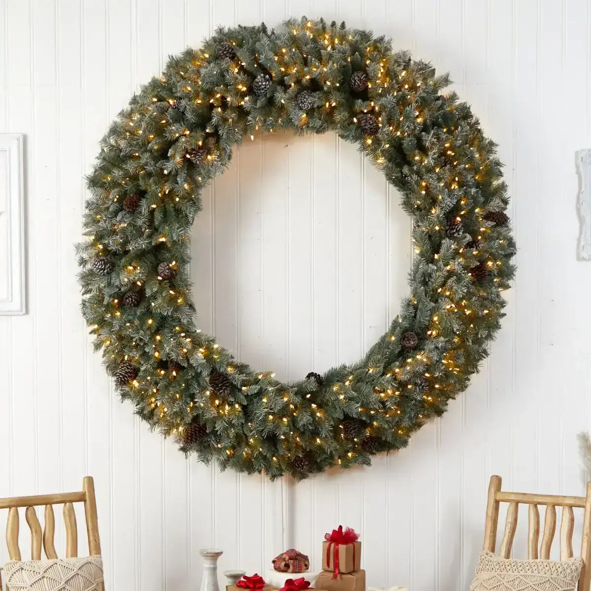 6’ Giant Flocked Christmas Wreath with Pinecones 600 Clear LED Lights and 1000 Bendable Branches - Nearly Natural