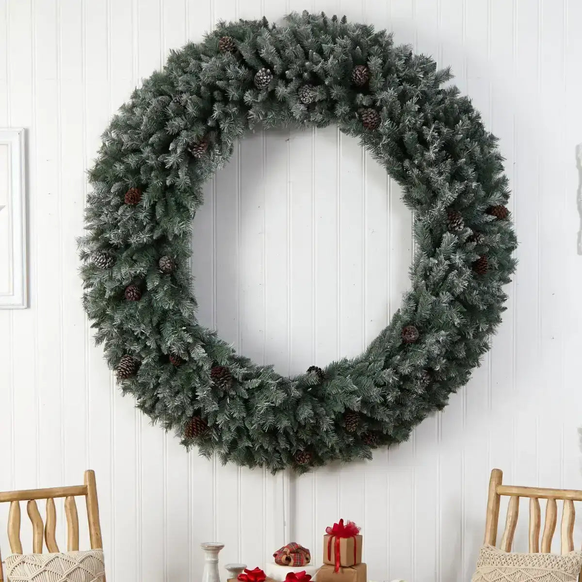 6’ Giant Flocked Christmas Wreath with Pinecones 600 Clear LED Lights and 1000 Bendable Branches - Nearly Natural