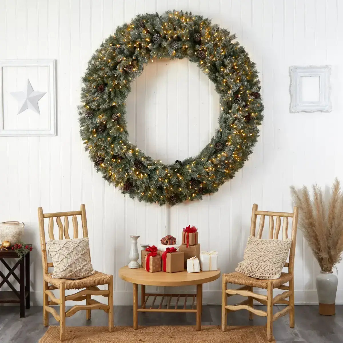 6’ Giant Flocked Christmas Wreath with Pinecones 600 Clear LED Lights and 1000 Bendable Branches - Nearly Natural