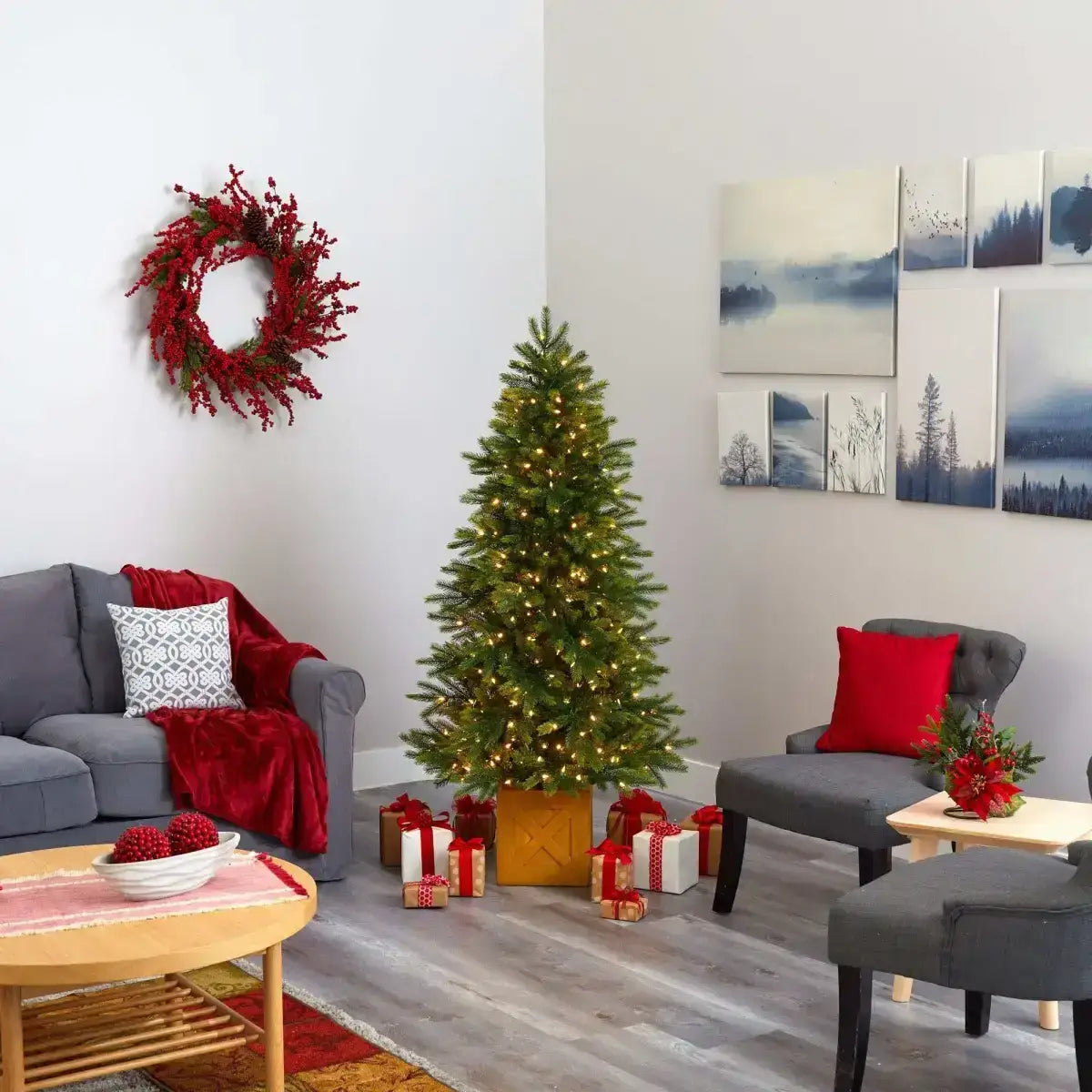 6’ Manchester Fir Artificial Christmas Tree in Decorative Planter with 350 Clear Warm (Multifunction) LED Lights