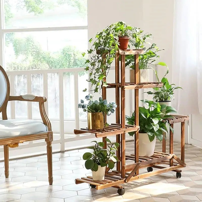 6-Shelf Portable Wooden Flower Pot Plant Stand with Locking Wheels - HomePacific