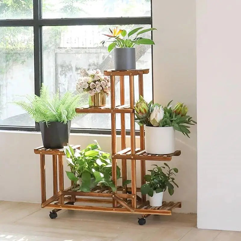 6-Shelf Portable Wooden Flower Pot Plant Stand with Locking Wheels - HomePacific