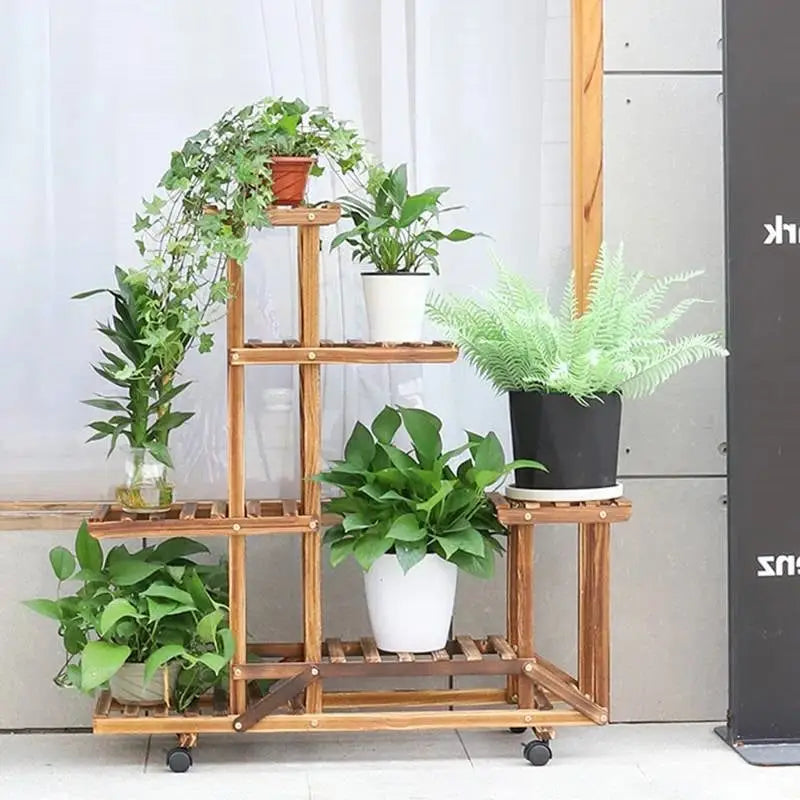 6-Shelf Portable Wooden Flower Pot Plant Stand with Locking Wheels - HomePacific
