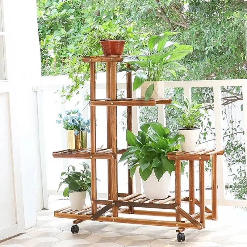 6-Shelf Portable Wooden Flower Pot Plant Stand with Locking Wheels - HomePacific