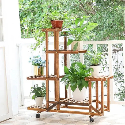 6-Shelf Portable Wooden Flower Pot Plant Stand with Locking Wheels - HomePacific