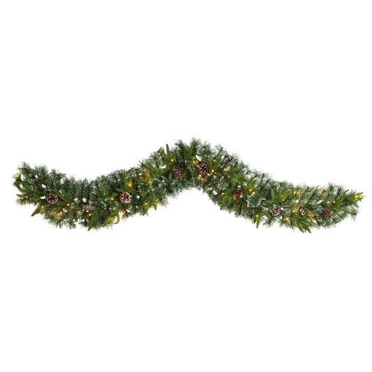 6’ Snow Tipped Christmas Artificial Garland with 35 Clear LED Lights and Pine Cones - Nearly Natural