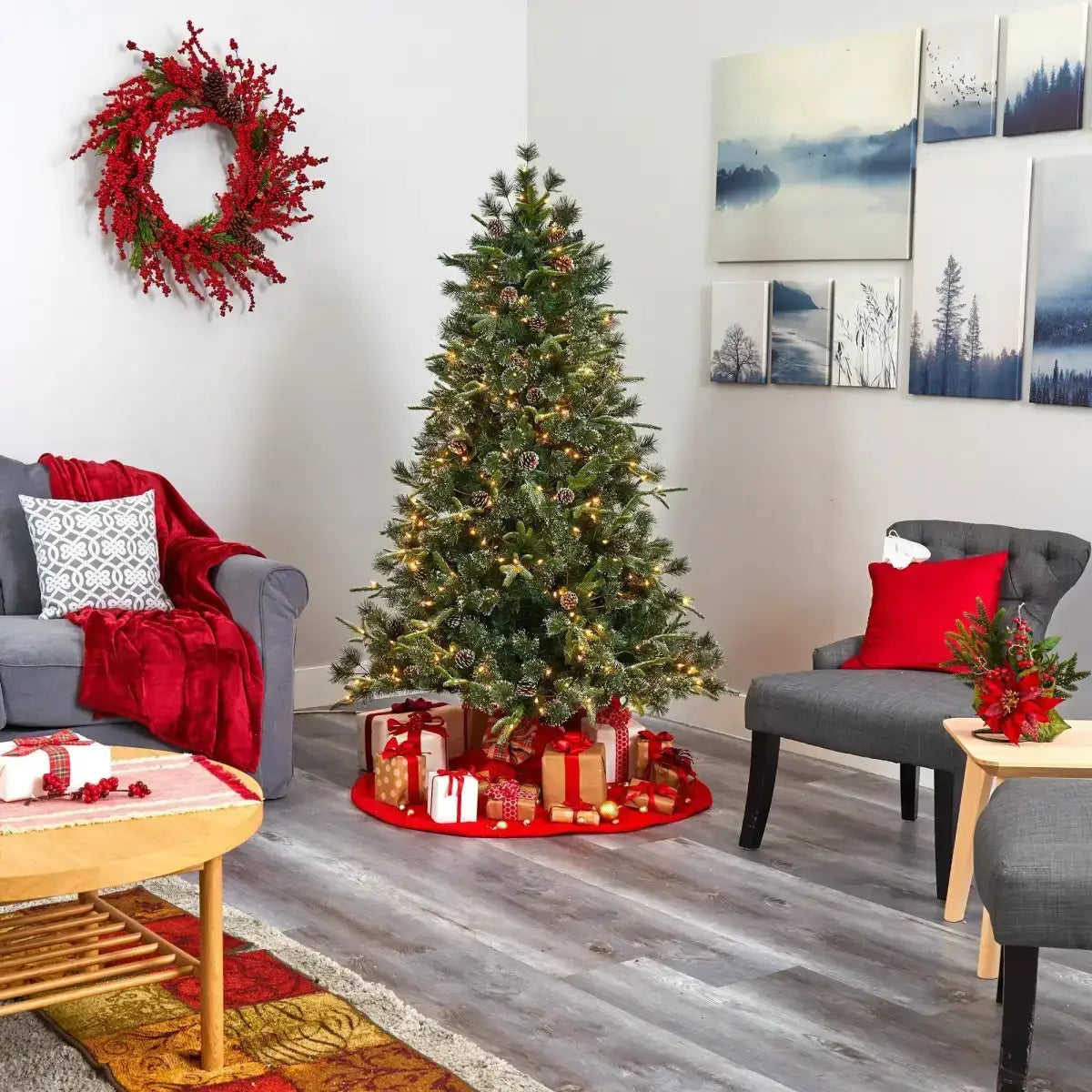 6’ Snowed Tipped Clermont Mixed Pine Artificial Christmas Tree with 250 Clear LED Lights Pine Cones and 1242 Bendable