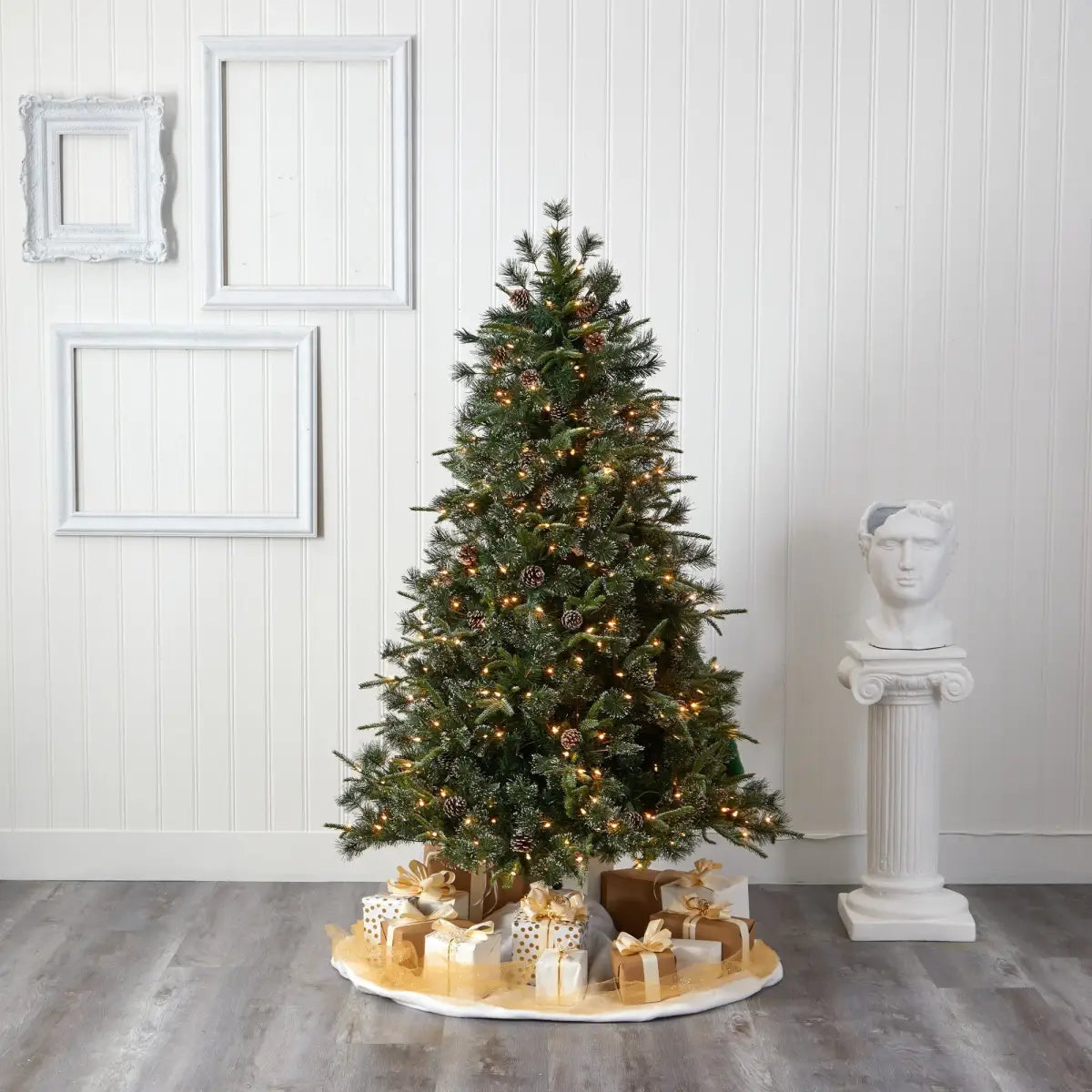 6’ Snowed Tipped Clermont Mixed Pine Artificial Christmas Tree with 250 Clear LED Lights Pine Cones and 1242 Bendable