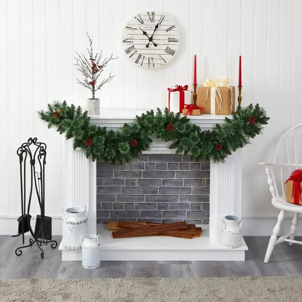 6’ White Mountain Pine Artificial Garland with 35 White Warm LED Lights and Pinecones - Nearly Natural