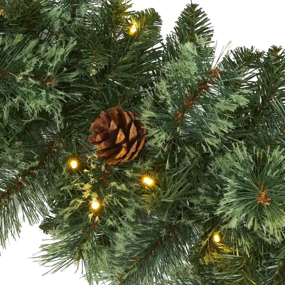 6’ White Mountain Pine Artificial Garland with 35 White Warm LED Lights and Pinecones - Nearly Natural