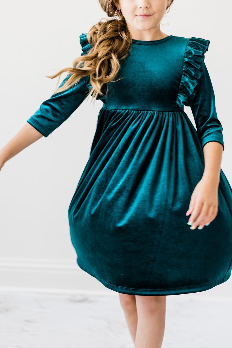 Teal Velvet Ruffle Twirl Dress