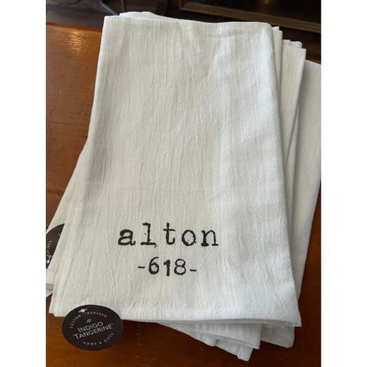 618 Area Code Tea Towel - Alton Illinois - Indigo Tangerine