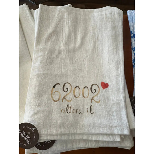 62002 Zip Code Tea Towel - Alton Illinois - Indigo Tangerine
