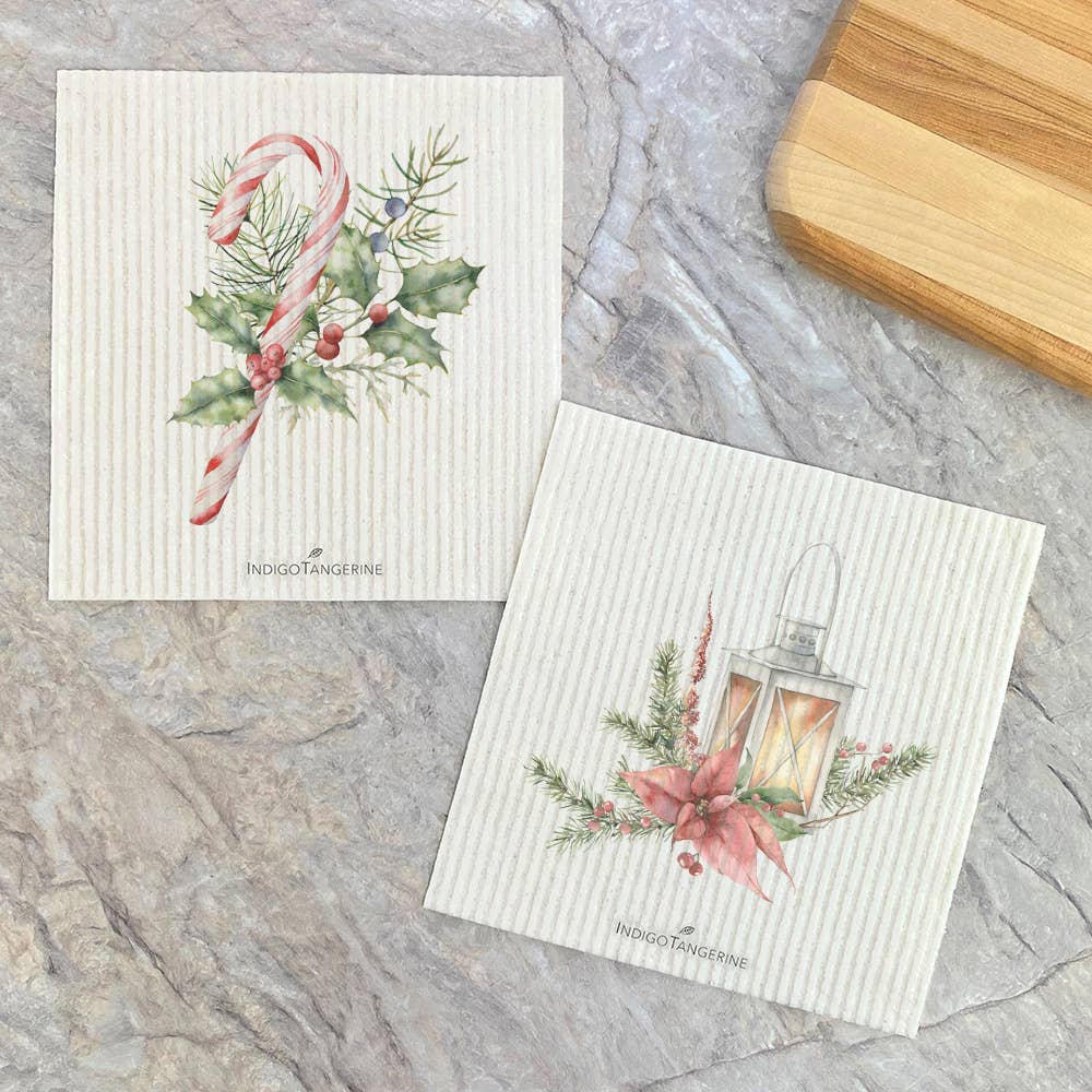 Candy Cane & Lantern - Christmas Dish Cloths - set of 2