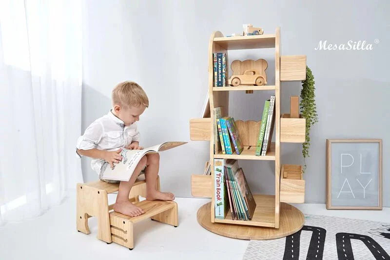 Estantería giratoria de madera maciza Mesasilla para niños - Biblioteca para el hogar de 360 ​​grados