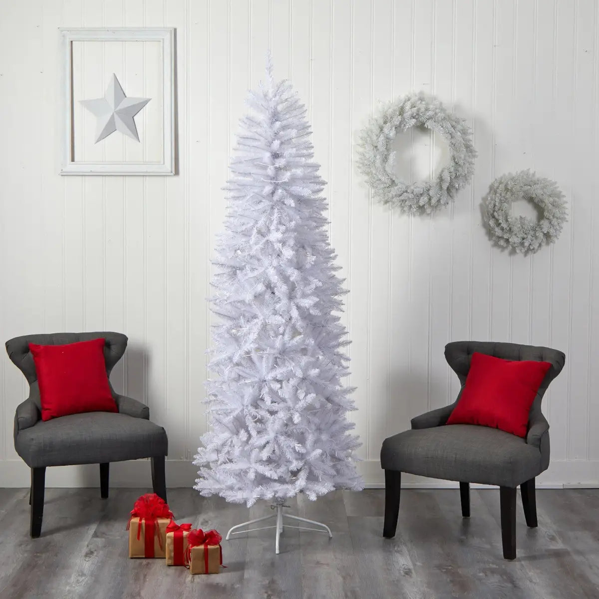 7’ Slim White Artificial Christmas Tree with 300 Warm White LED Lights and 955 Bendable Branches - White - Nearly