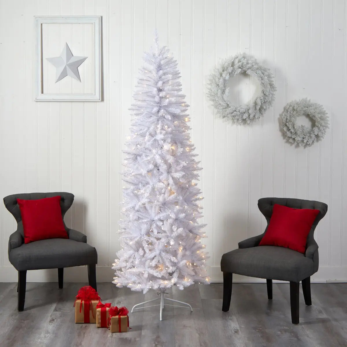 7’ Slim White Artificial Christmas Tree with 300 Warm White LED Lights and 955 Bendable Branches - White - Nearly