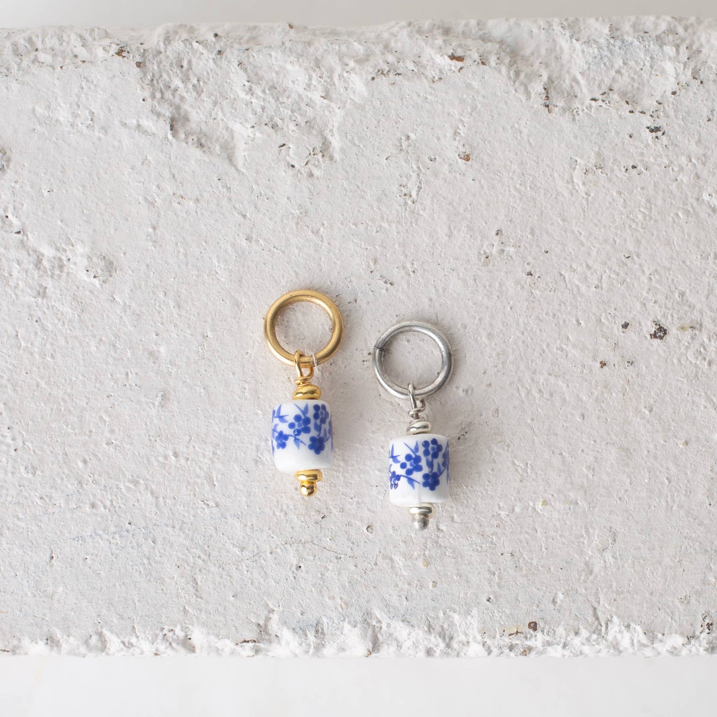 Chinoiserie Bead Charm - Porcelain Toile Ceramic - Antique Gold / Small Cylinder - Bel Kai