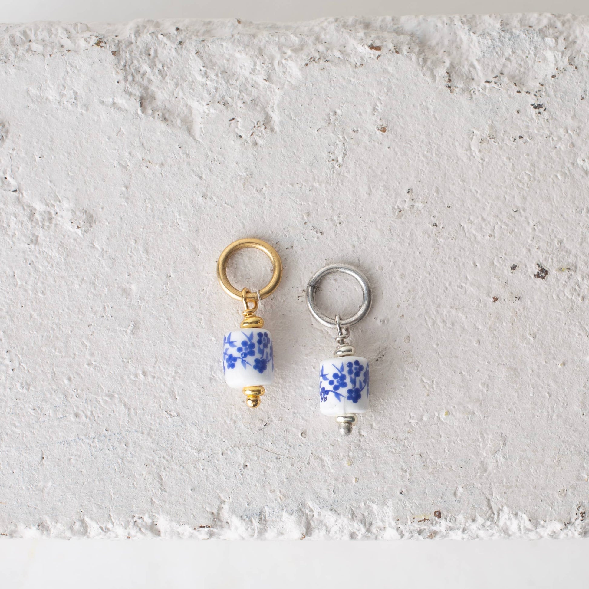 Chinoiserie Bead Charm - Porcelain Toile Ceramic - Antique Gold / Small Cylinder - Bel Kai