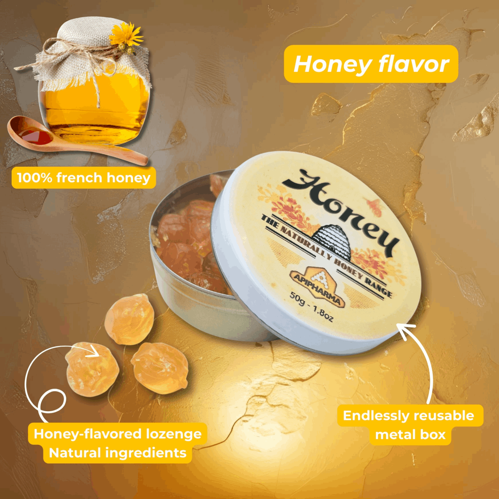Honey - French Gourmet Natural Candy Tin - Apipharma - Bonbon USA France