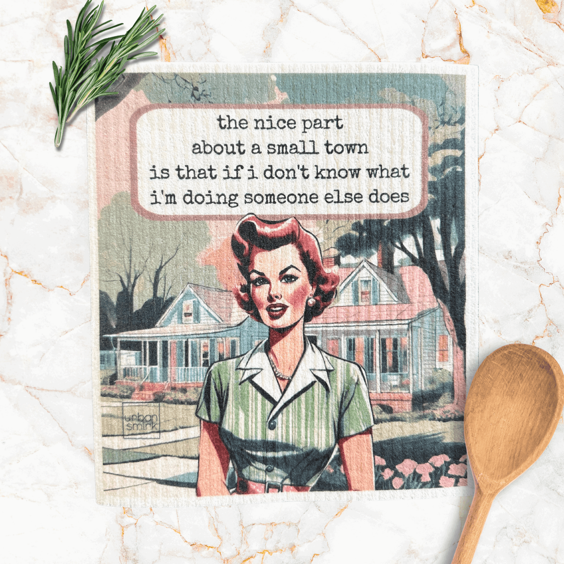 Funny Retro Swedish Dishcloth - Small Town