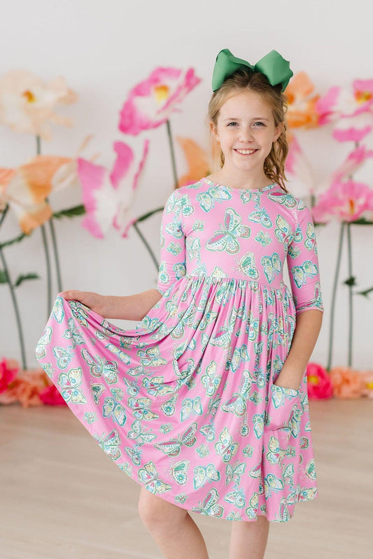 Butterfly Garden 3/4 Sleeve Pocket Twirl Dress