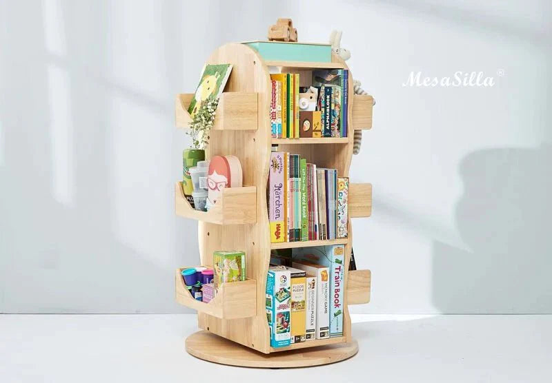 Estantería giratoria de madera maciza Mesasilla para niños - Biblioteca para el hogar de 360 ​​grados