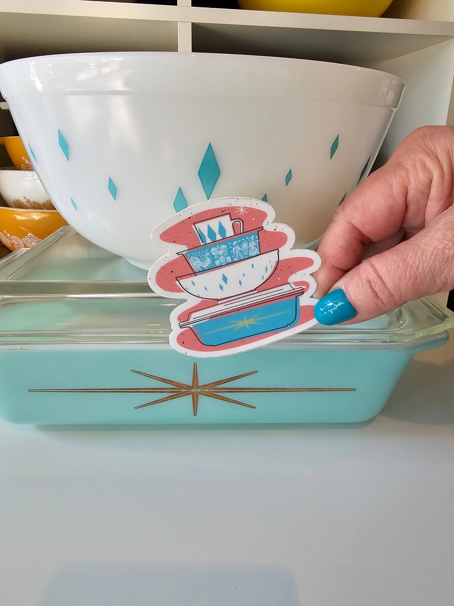 Pyrex Sticker - Turquoise Starburst Bowl Stack