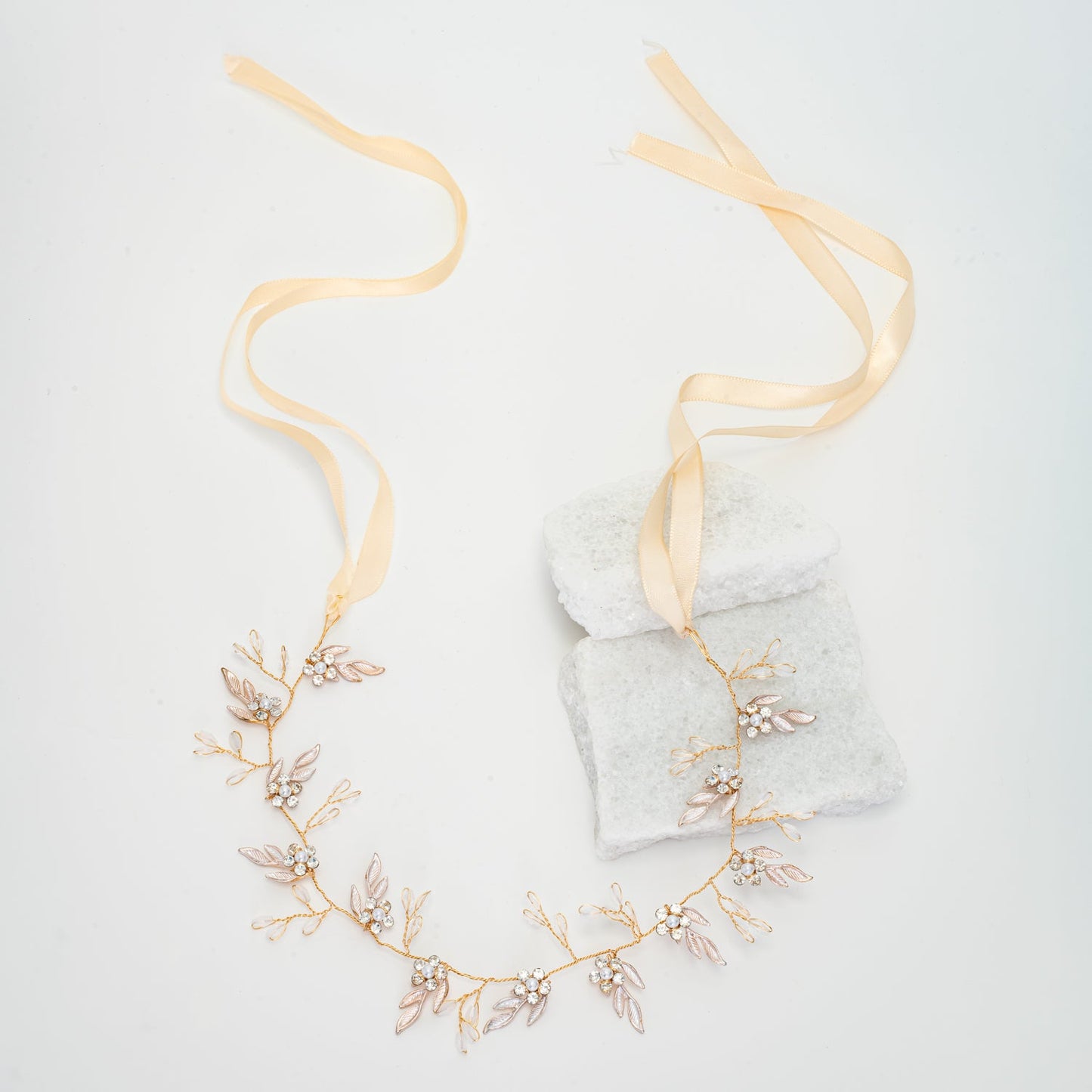 Petite Floral Crystal and Pearl Silk Ribbon Headband