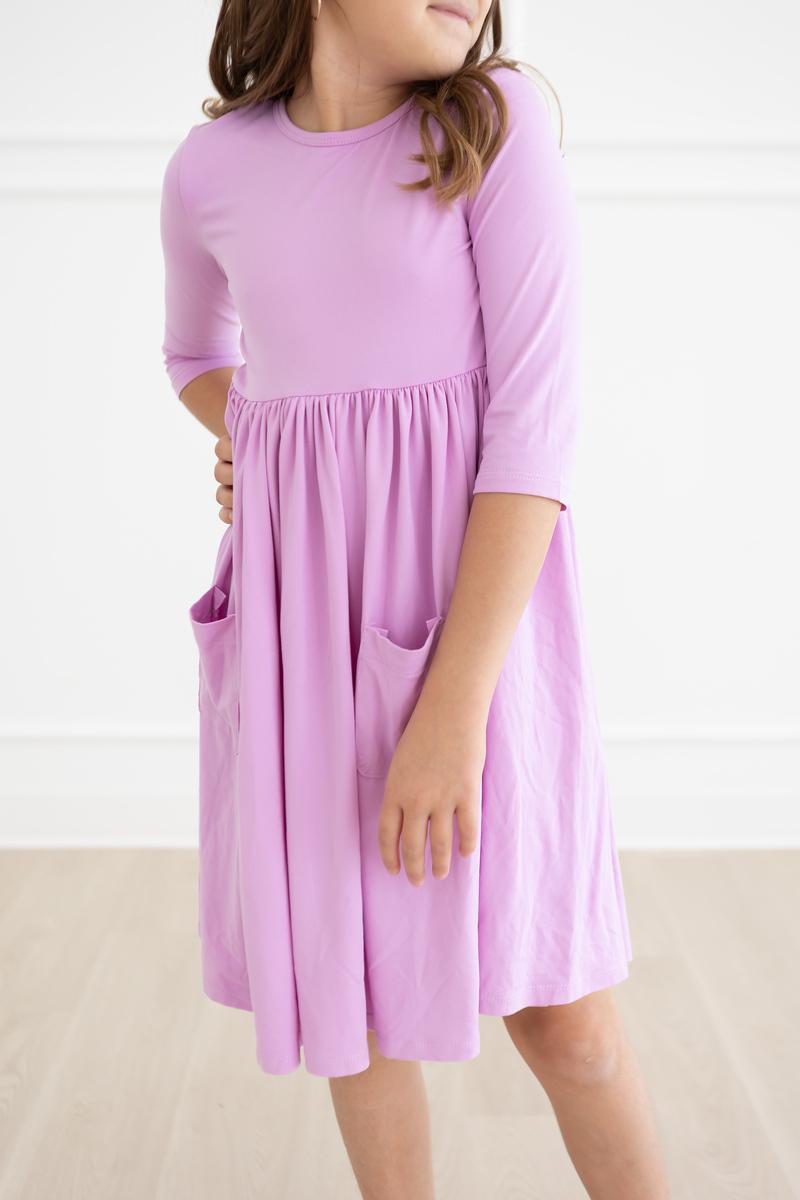 Bright Lilac 3/4 Sleeve Pocket Twirl Dress