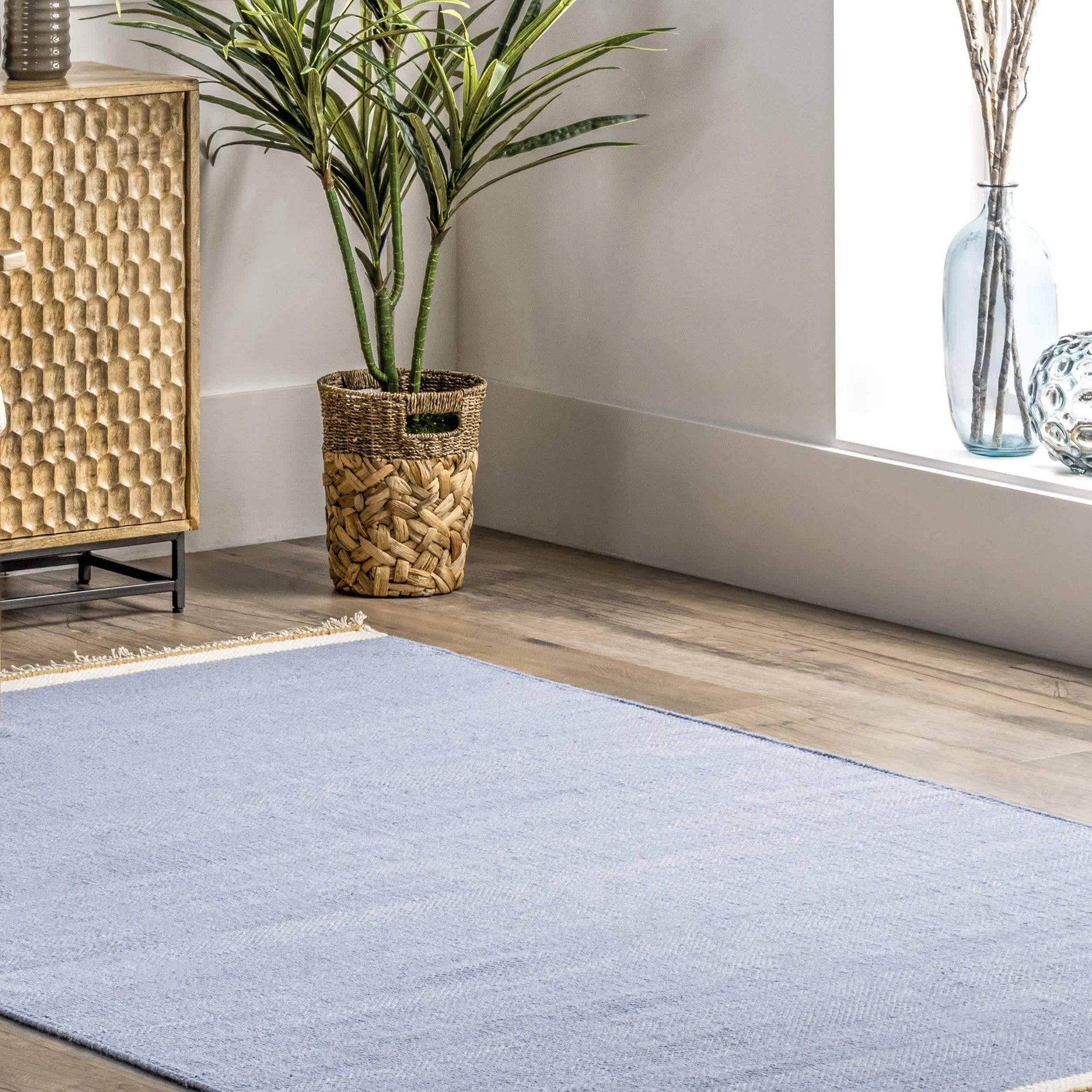 Blue Wool Cotton Rug with Tassels