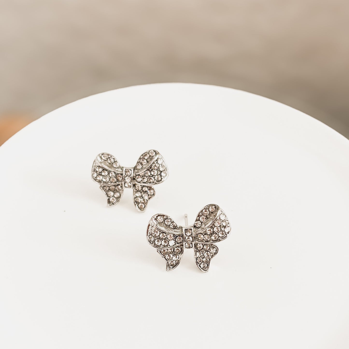 Adorable Silver Rhinestone Bow Earrings