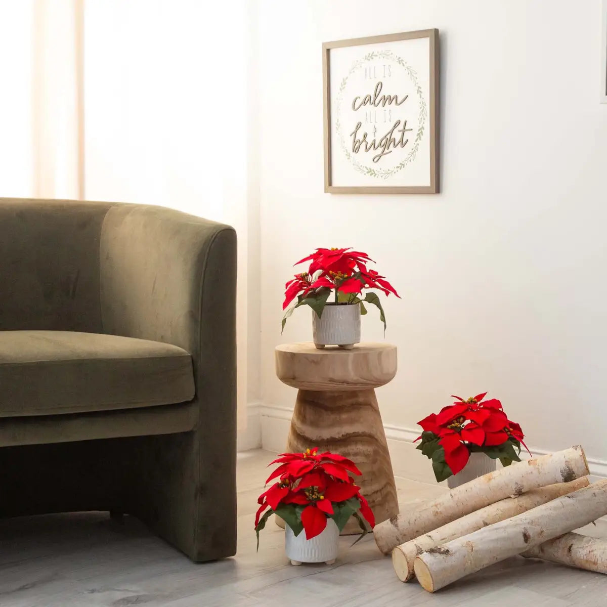 9” Artificial Poinsettia Arrangements in White Ceramic Pots - Set of 3 - Nearly Natural