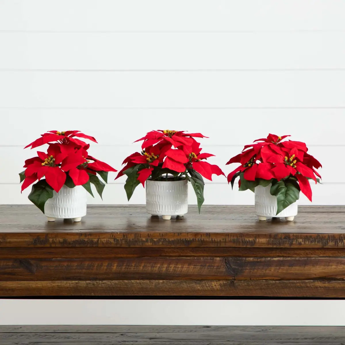 9” Artificial Poinsettia Arrangements in White Ceramic Pots - Set of 3 - Nearly Natural