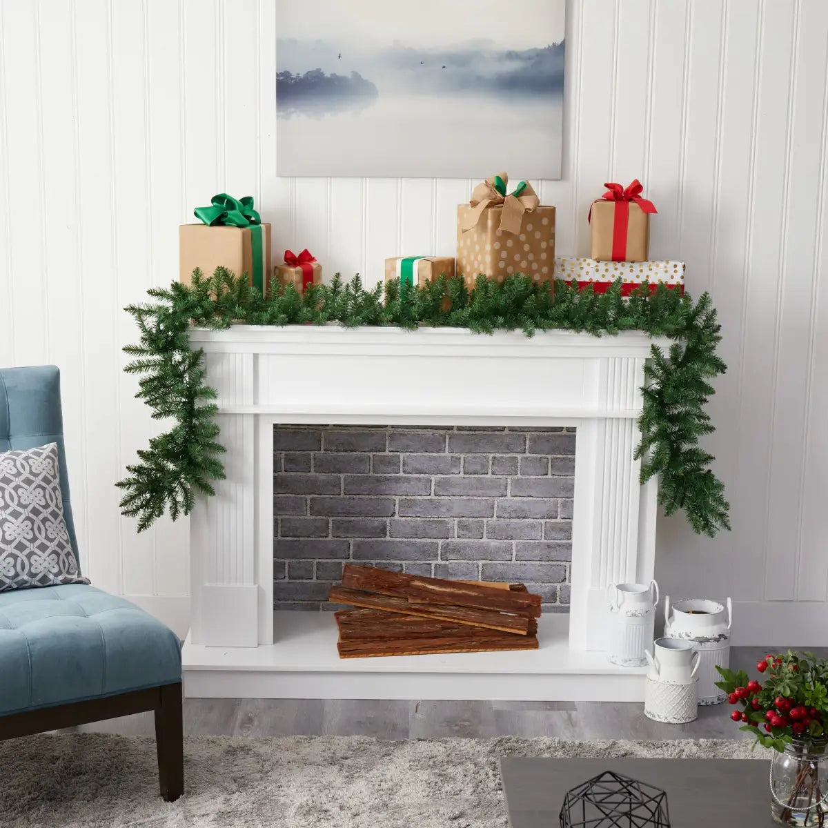 9’ Christmas Pine Artificial Garland with 50 Warm White LEDs Lights - Nearly Natural