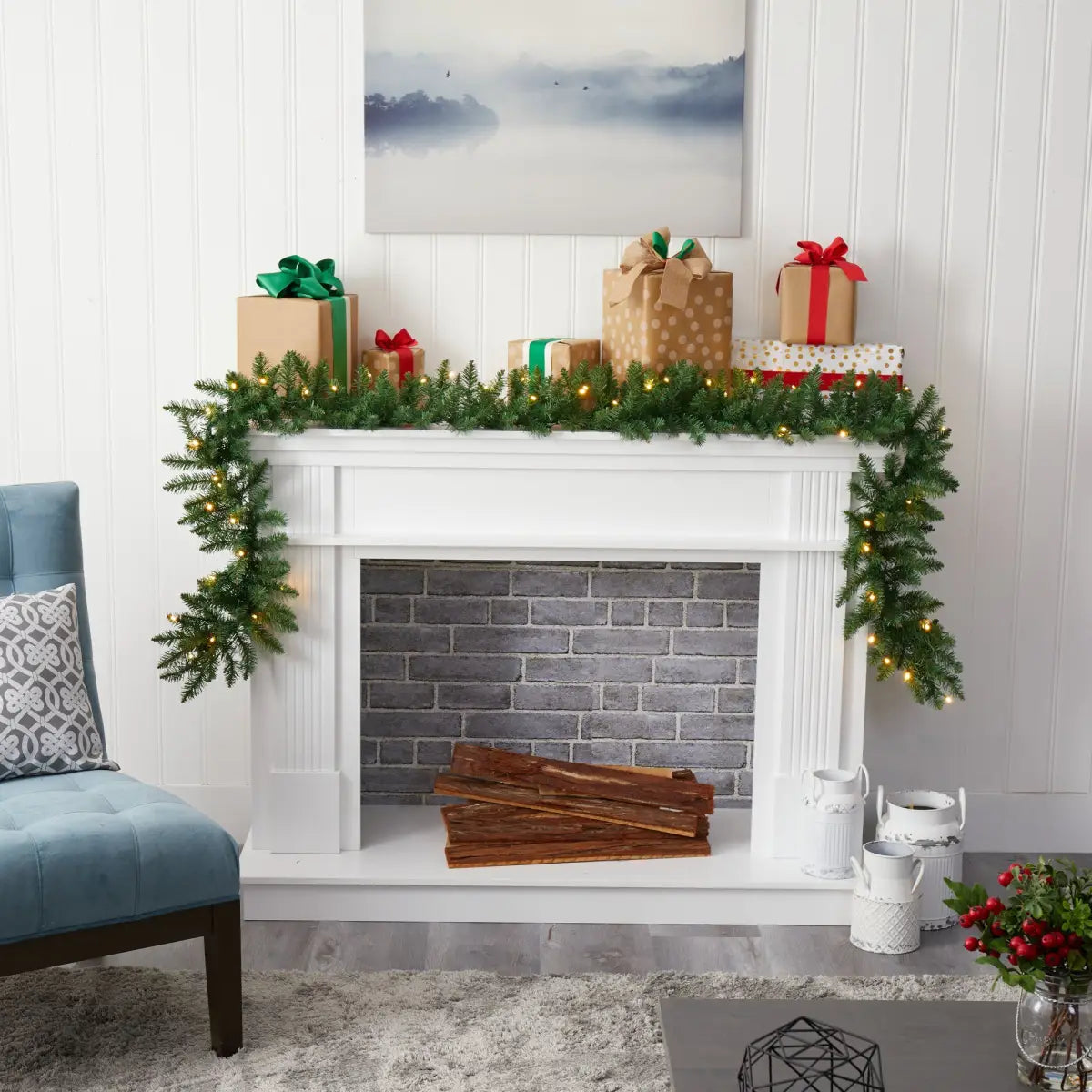 9’ Christmas Pine Artificial Garland with 50 Warm White LEDs Lights - Nearly Natural
