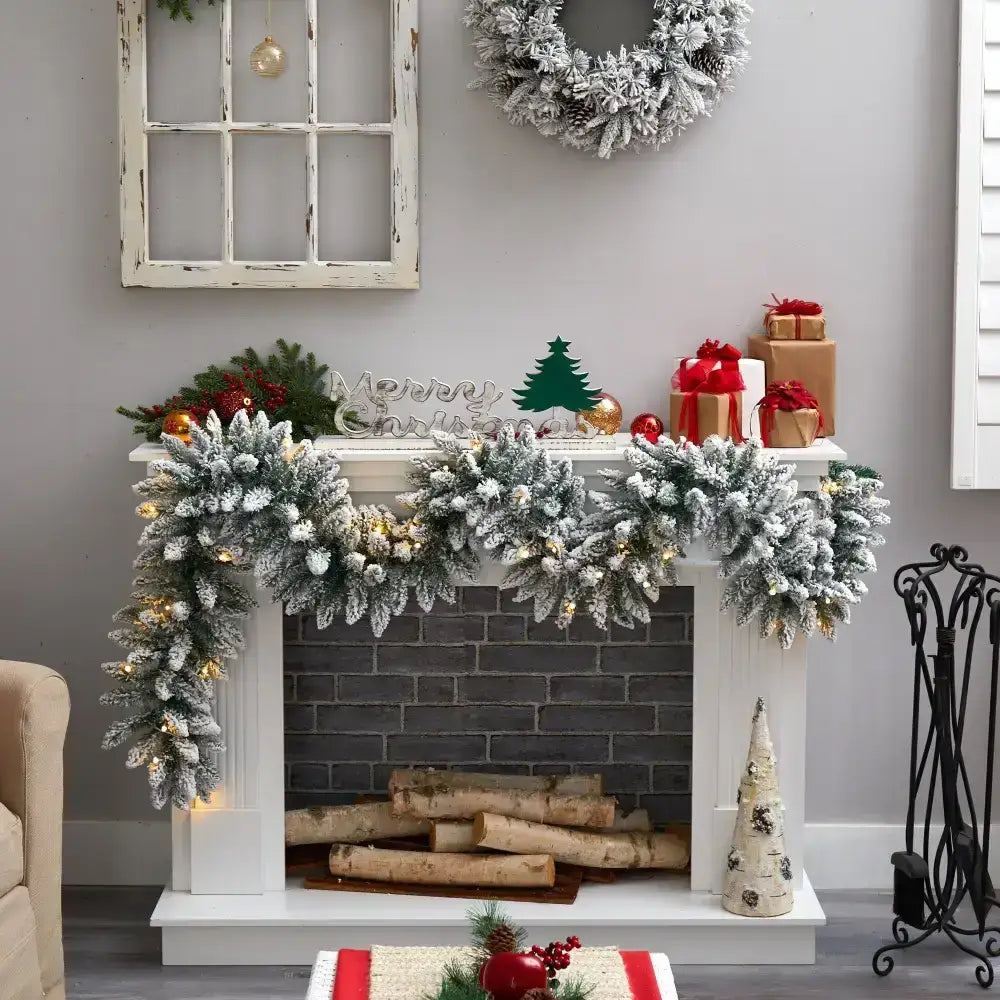 9’ Flocked Artificial Christmas Garland with 50 Warm White LED Lights - Nearly Natural