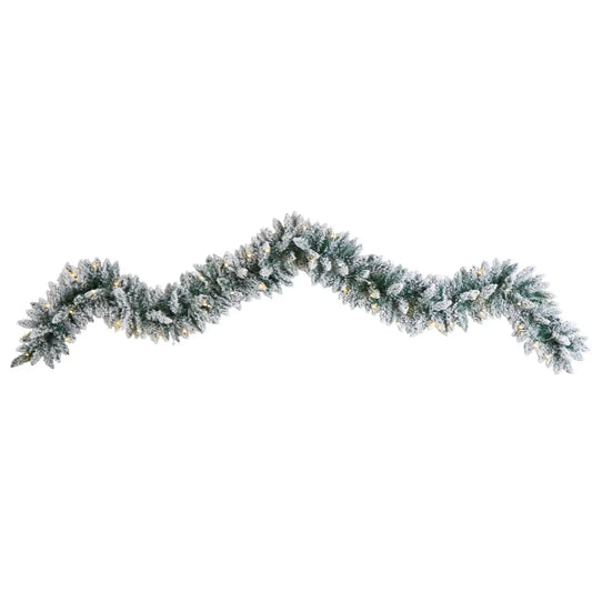 9’ Flocked Artificial Christmas Garland with 50 Warm White LED Lights - Nearly Natural