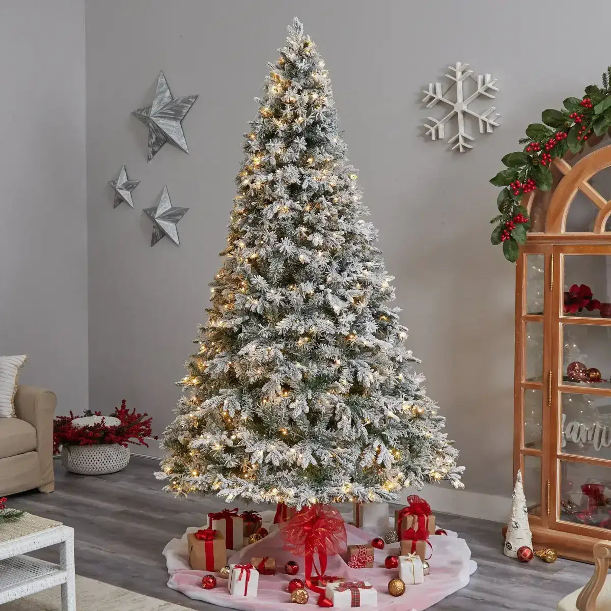 9’ Flocked Vermont Mixed Pine Christmas Tree with 650 LED Lights and 1960 Bendable Branches - Nearly Natural