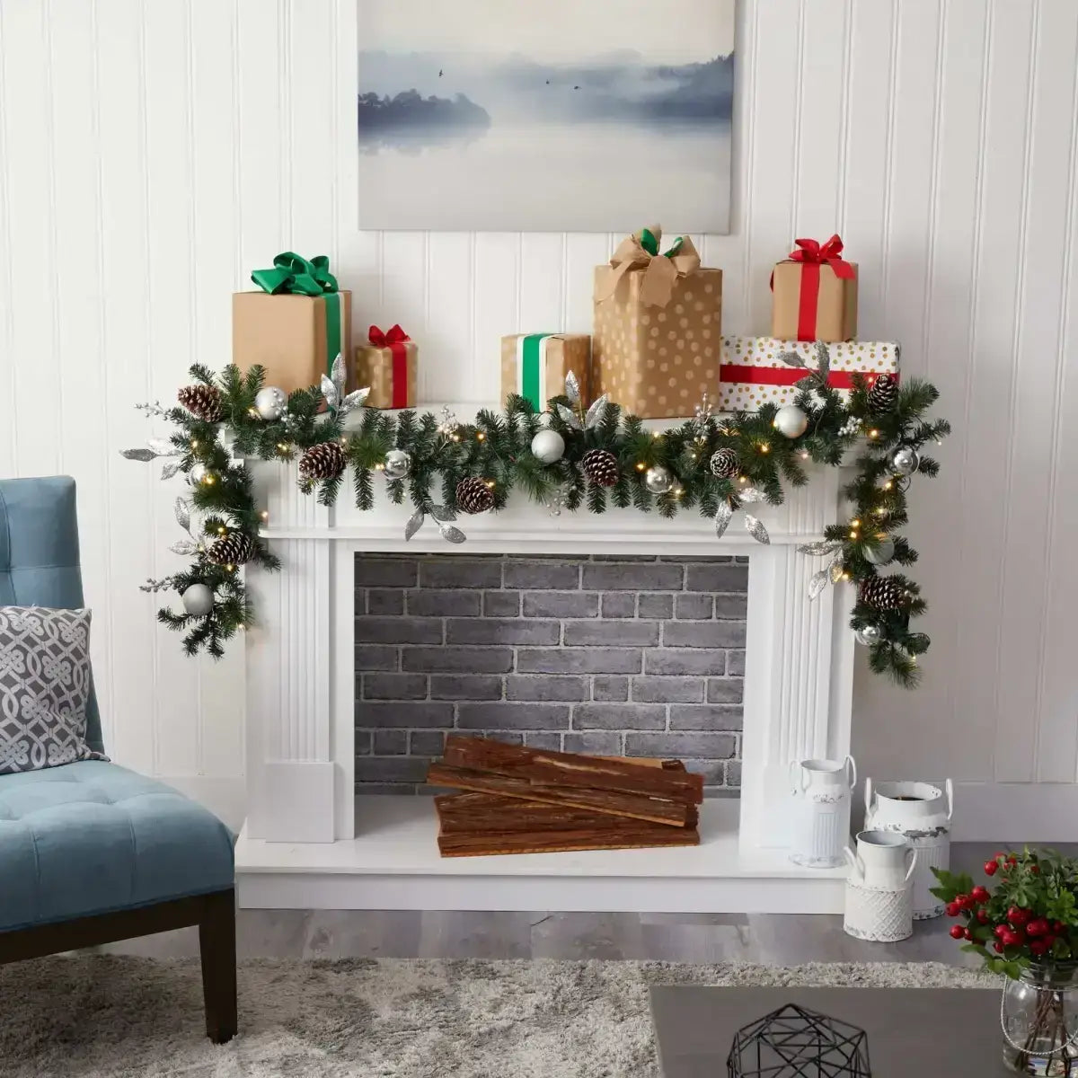 9’ Ornament and Pinecone Artificial Christmas Garland with 50 Clear LED Lights - Nearly Natural