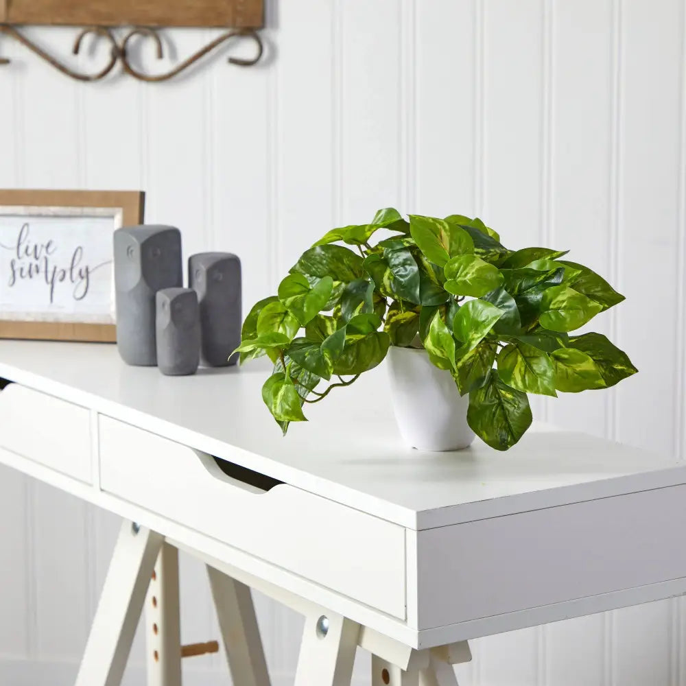 9” Pothos Artificial Plant in White Planter (Real Touch) - Nearly Natural