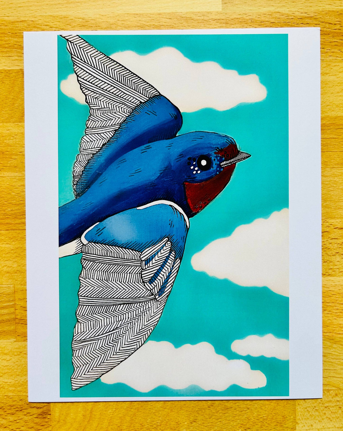 Impresión artística de pájaro azul y cielo azul